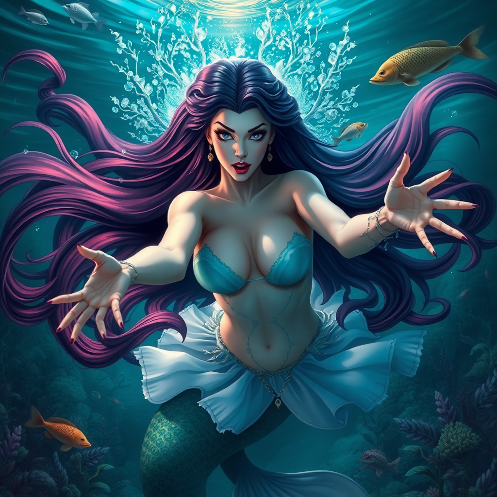 Vampirella as a mermaid underwater amazing loose flowing hair floating in a nimbus around her beautiful face her arms outstretched towards the viewer and she's looking down into the viewer's eyes making intense eye contact. loose fitting diaphanous. Burlesque. Stunning undersea life details plants and fish and other creatures of the sea. Powerful three dimensional graphic effects.