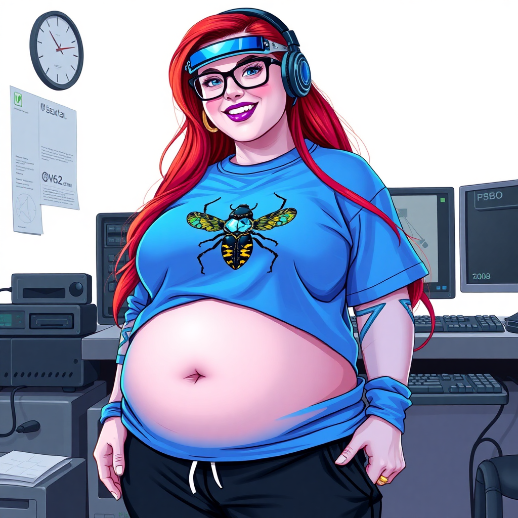 A cyberpunk vigilante's 28-year-old computer science major, nerdy, full figured, heavily pampered computer hacker and tech-wiz girlfriend with long, ruby red hair. She wears maximum blue lipstick and has bright blue eyes. Her outfit includes an oversized maximum blue t-shirt (accentuating her prominent gargantuan midsection) featuring a maximum blue gemstone beetle chest emblem. She sports black eyeglasses, black sweatpants, a sapphire headset with a maximum blue lensed HUD, with a beaming smile and neon red blush. Her full figure (especially her gargantuan midsection) shows the heavy extent of her doting pampering. She has a prominent, round, gargantuan midsection. Despite her build and lack of self-esteem, she radiates breathtaking beauty. She has an angular face, which accentuates her breathtaking radiant beauty. As her boyfriend's tech-wiz, she primarily works in his hideout, operating from her workbench and her computer desk. The background is solid white. She is drawn as if she was in a retro 2D cyberpunk fighting game.