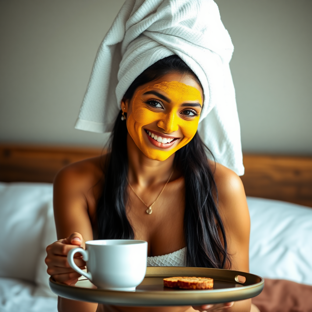 slim, 30 year old, indian wife, towel head, turmeric face mask. She is smiling and serving bedside coffee on a tray.