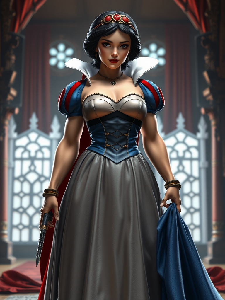 Create a hyper-realistic full-length render depicting Snow White with the physique of Duke Nukem. Retain Snow White's head, but adjust her dress to fit her new muscular proportions, altering the body structure and silhouette to match a masculine build while maintaining feminine facial features. Design a background setting that harmonizes elements from both fairy tale and action hero genres to complement the transformed characters. Ensure the scene is cohesive and visually striking, blending the magical essence of Snow White with the dynamic intensity of Duke Nukem.