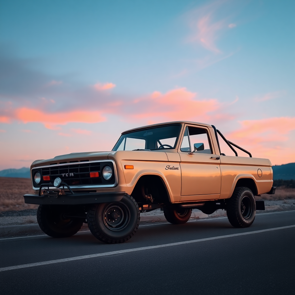 the car is parked on the side of the road, inspired by Taiyō Matsumoto, tumblr, restomod, nd4, c4 ford 4x4 pick-up