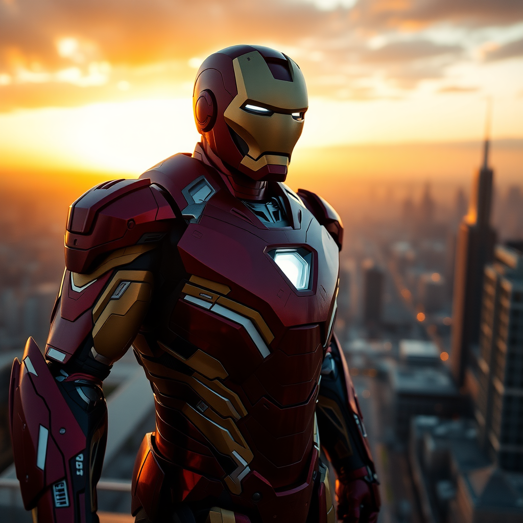 A grand cinematic composition of mrfabiom standing proudly in his Iron Man suit, from a 45-degree camera angle, emphasizing his heroic stance and sharp facial features as he looks out over the city, with the warm glow of sunset casting a golden light across the scene.