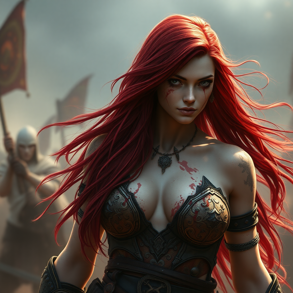 a female warrior with a magnificent chest of the Aasimar race, long flowing red hair, partially covered in blood splatter, heroic fantasy, 16K, photorealistic, the background should be a battlefield