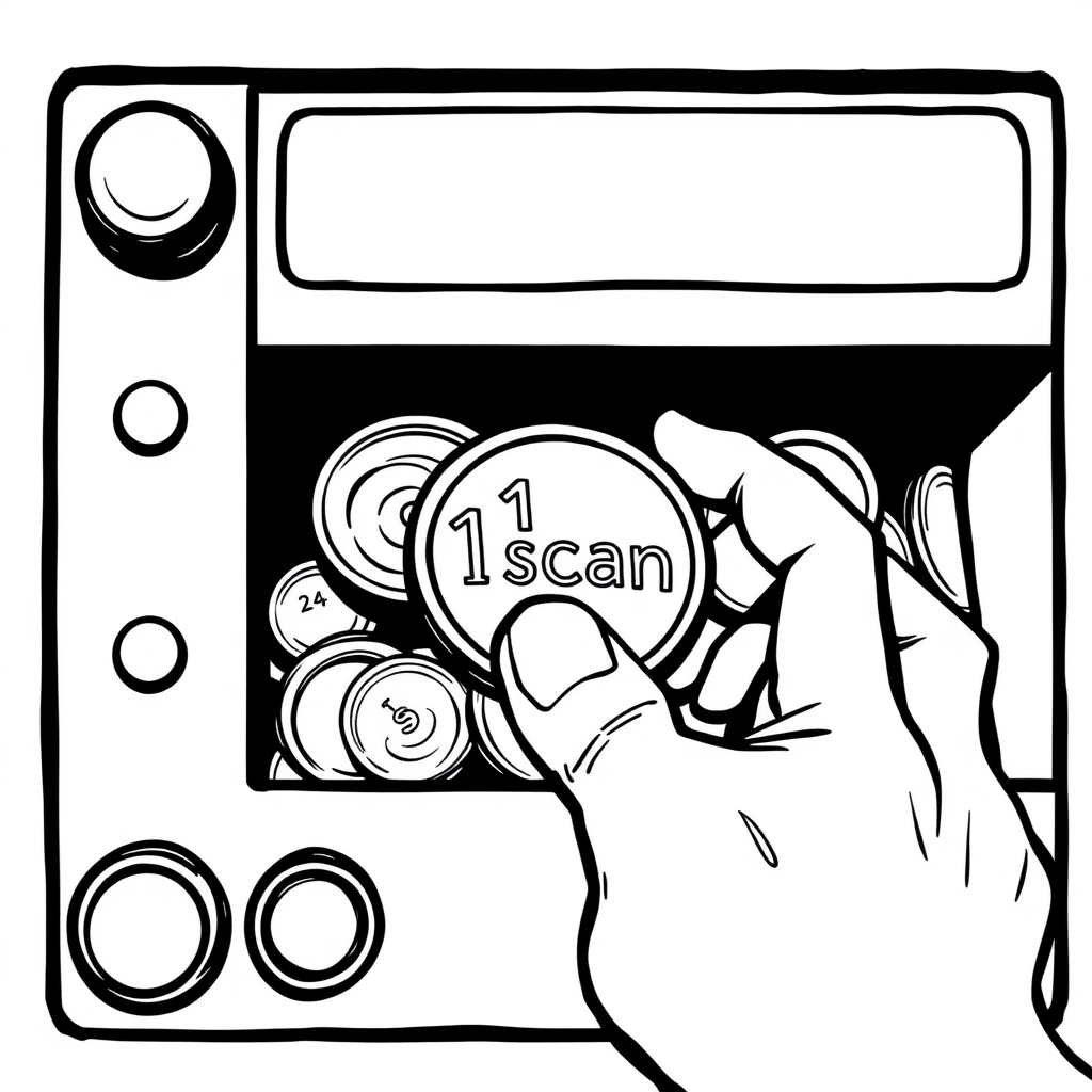 A comic of a hand placing one token with the engraving "1 scan" in a coin machine  
In the style of a comic icon in black ink only