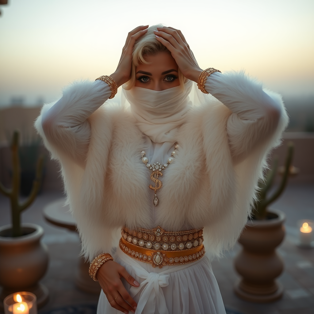 Kuwait desert palace harem patio misty dawn: Melissa, European 17 years old very convincing femboy “trophy-bimbo”, tamed servile docile, very beautiful feminine flawless face, rather short, by hormones very curvaceous womanly figured, platinum blond short tight curls, heavily made-up eyes, wearing Supertanya-style fluffy very fuzzy bright white angora turtleneck-poncho cropped ending under bust decorated with pearls and gemstones, striking oriental wide gold bridal protection belt, white fully transparent harem pants, full Oriental bridal jewelry, face covered by white sheer full Burka, coin anklets, striking diamond “$$$” letter brooch on left chest, pout frustrated, seductively dancing hands over her head, looking at camera. Focus on face and turtleneck-poncho.