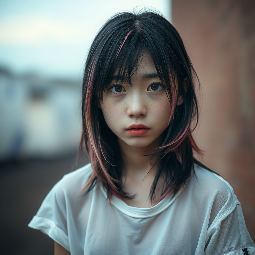 A beautiful homeless mysterious surreal Asian young girl in a very old, transparent white T-shirt, see-through, with black and rainbow-colored hair and red eyes, she is looking sad without hope in her eyes, crying one teardrop, heartbreaking.