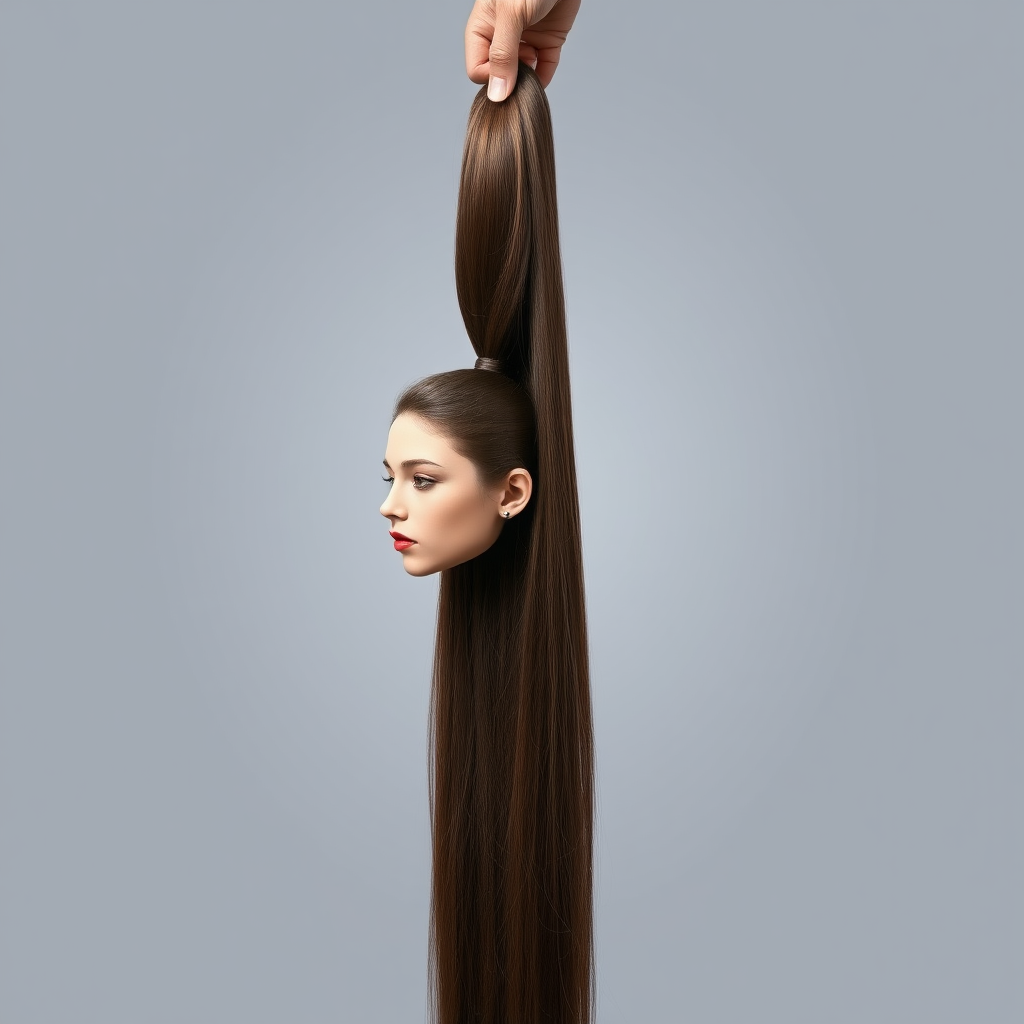 Surreal image of a very long haired woman's beautiful disembodied head hanging by her very long hair. Her very long hair is gathered at the top of her head into a long ponytail that stretches upward into a grasped hand. Plain gray background.