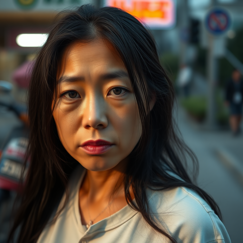 A very natural, very pretty, sad and homeless 40-year-old Asian woman with a T-shirt and long, jet-black hair and very typical Asian eyes is very ashamed to look me in the eye.