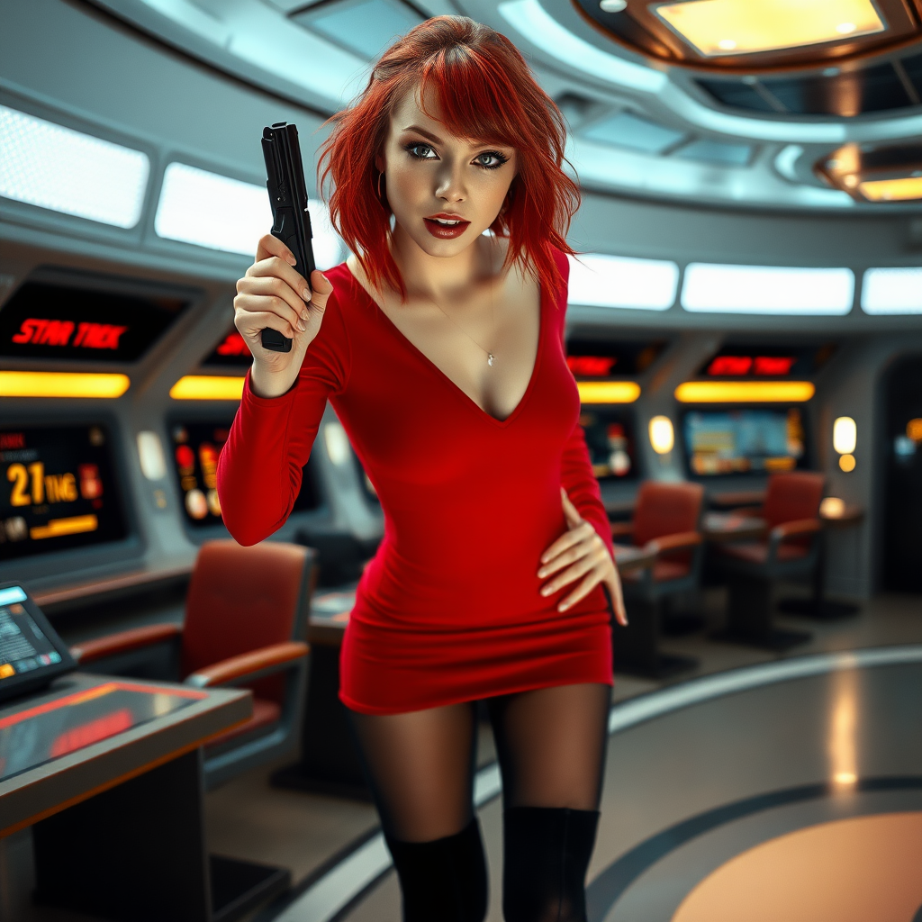 photorealistic, ultra high resolution, 16K, surreal fantasy, bright studio lighting, Tyler Swift is a pretty 24 year old male, slim male physique - no visible breast bulge, red hair, emo makeup, set on the bridge of Enterprise in Star Trek tv series, short red mini-dress, sheer black pantyhose, black stiletto calf-length boots, holding a phaser in his right hand, excited smile, facing the camera.