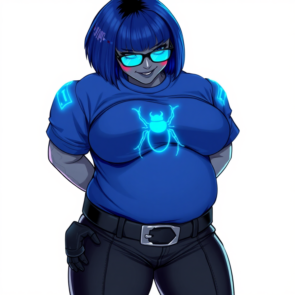 A 28-year-old, full-figured, metallic middle gray skinned cyberpunk computer program hybrid with a short maximum blue bob cut. She has a non-athletic build, highlighted by a prominent, round midsection (with a focus on her round belly). As a digital sidekick to her cyberpunk vigilante boyfriend, her middle gray metallic skin and maximum blue lipstick emphasize her digital nature. She wears a digital, computerized, costume consisting of a huge, tight-fitting, neon blue glowing, digital armored, maximum blue t-shirt (accentuating her round belly) with a neon blue glowing chest icon of a beetle, black digital pants, a black belt with a neon blue glowing digital beetle buckle, and black hi-tech gloves. Her bright blue eyes, black eyeglasses with a neon blue lensed HUD, and shy smile with neon red blush accentuate her nerdiness. She bashfully bows her head (while still facing the screen) with her hands behind her back, her t-shirt covers her midsection (especially her belly) and emphasizing her full-figured, non-athletic physique. She is on a solid white background. She is drawn as if she was in a retro 2D cyberpunk fighting game. She is clearly non-athletic, with a focus on her full figure. Make sure her costume covers all of her bare skin (especially her round belly).