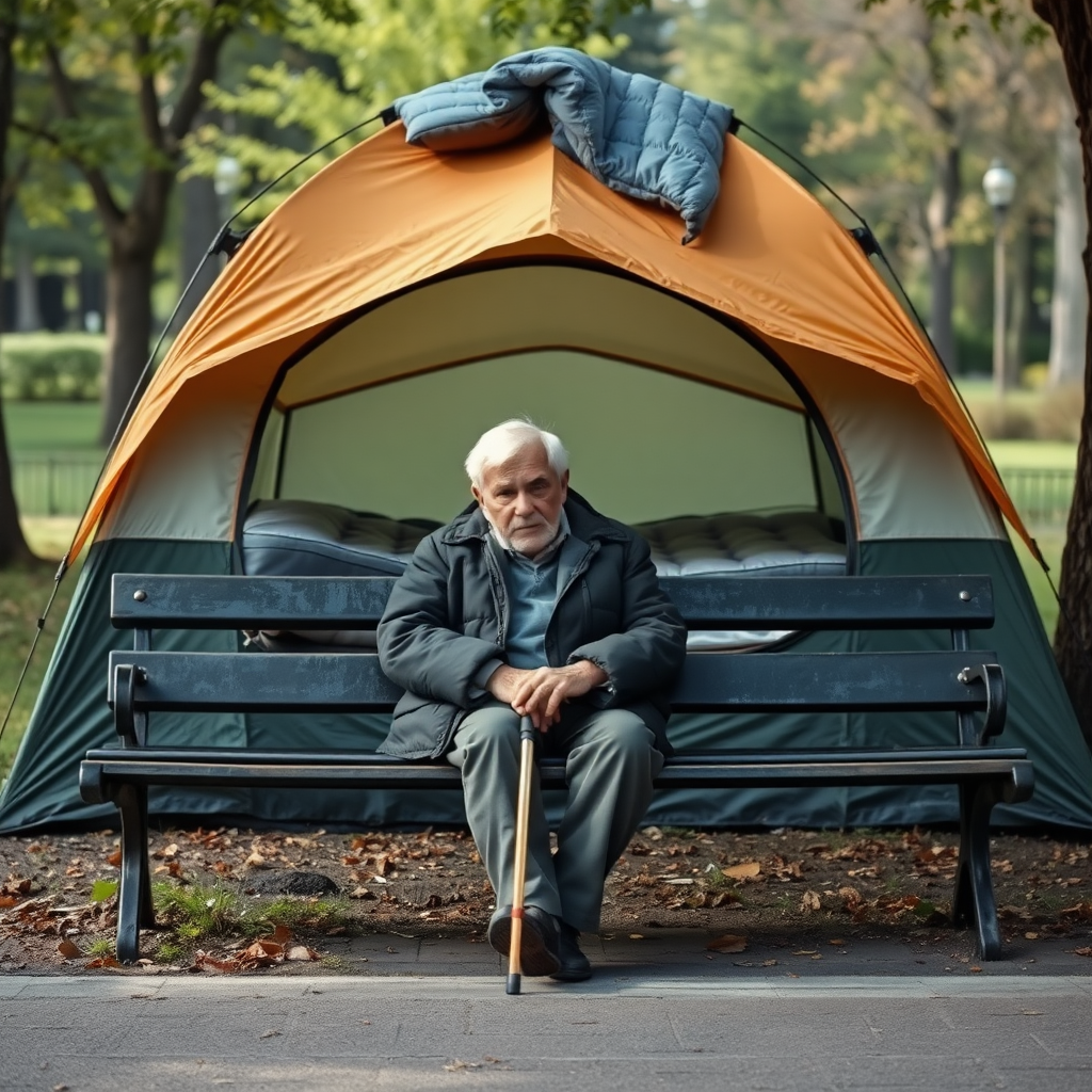 A photorealistic image of an elderly man sitting on a park bench, leaning on a cane. Behind him stands a tent, with a partially visible air mattress inside and a half-open sleeping bag on top. The tent is his home, conveying a sense of hardship. The scene is peaceful yet melancholic, with the man quietly resting in the park.