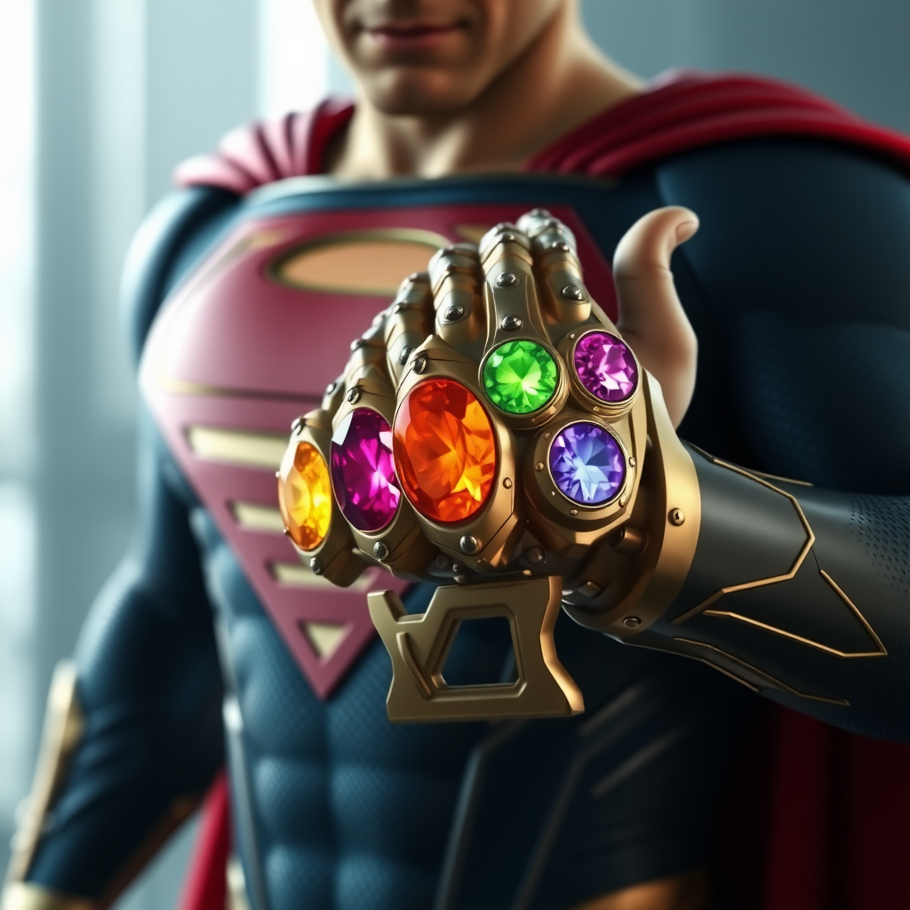 Superman wears the infinity gauntlet with 5 infinity stones. Cinematic Real3d photo-realistic quality.