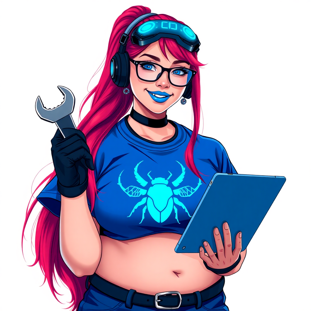 A full-sized, intelligent and tech-savvy 28-year-old computer hacker and tech genius. She has a long ruby red ponytail. She wears maximum blue lipstick, blue eyes, a sapphire beetle gemstone necklace, sapphire earrings, black eyeglasses, hi-tech power gloves, and a gigantic oversized maximum blue t-shirt featuring a neon blue glowing beetle chest icon. She has a full-figured physique with a round gargantuan midsection, reflecting her well-cared-for lifestyle. She sports a sapphire headset with a hi-tech maximum turquoise lensed HUD, and a beaming smile accentuated by a passionate neon red blush. She serves as his tech expert from his hideout, holding a futuristic tool wrench and a futuristic digital tablet. The background is solid white. She is drawn as if she was in a retro 2D cyberpunk fighting game.