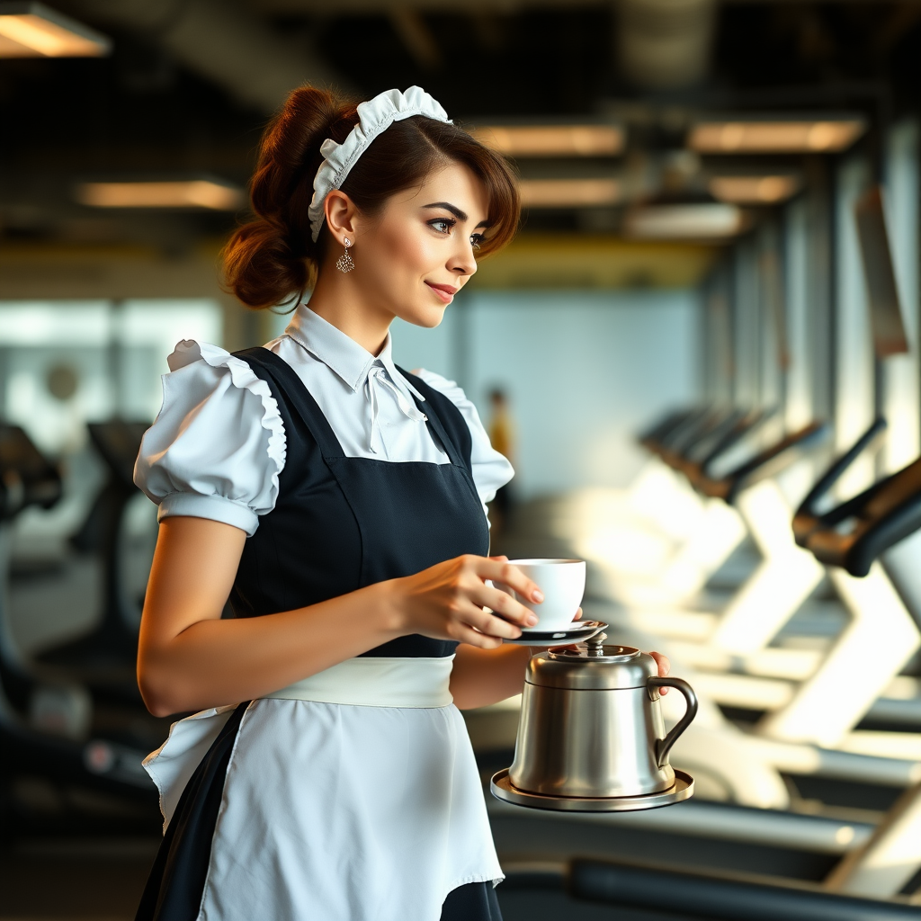 French maid, serving coffee in gym