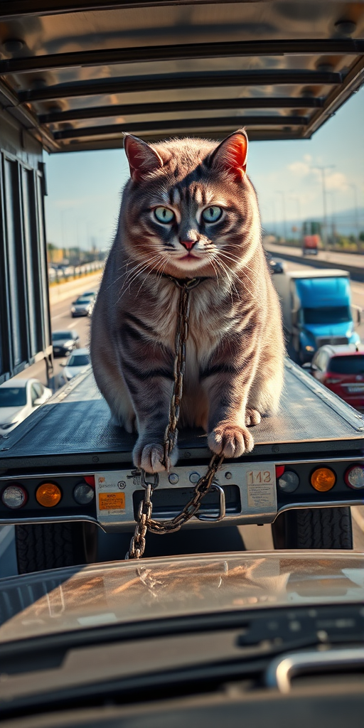 version 2: Hyper-surrealistic, professional photo of a giant cat chained to the back of a flatbed truck driving on a busy highway. The cat is highly detailed with realistic textures in its fur and displays a mix of purple, gray and white colors with a slight sheen in sunlight. The scene captures the high level of detail inside the truck, with polished metal parts and rubber tires. The highway is full of cars and trucks driving in the background. The atmosphere is bright and clear; Realistic sunlight casts shadows on the cat and truck. The camera angle is raised considerably, capturing the full size of the cat in relation to the truck, emphasizing the absurdity of the scene with excellent depth of field and focus on the cat and vehicle. Popular on ArtStation, ultra-detailed, photorealistic, with rich textures and high dynamic range (HDR) effect