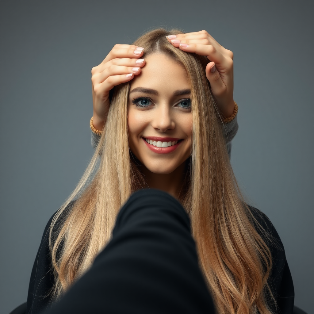 POV, beautiful very long haired blonde woman sitting in a hair salon smiling at the camera while I reach out from behind the camera to massage her scalp. My fingers are digging into her hair rubbing her scalp while her hair is covering my hands. 
Plain gray background.