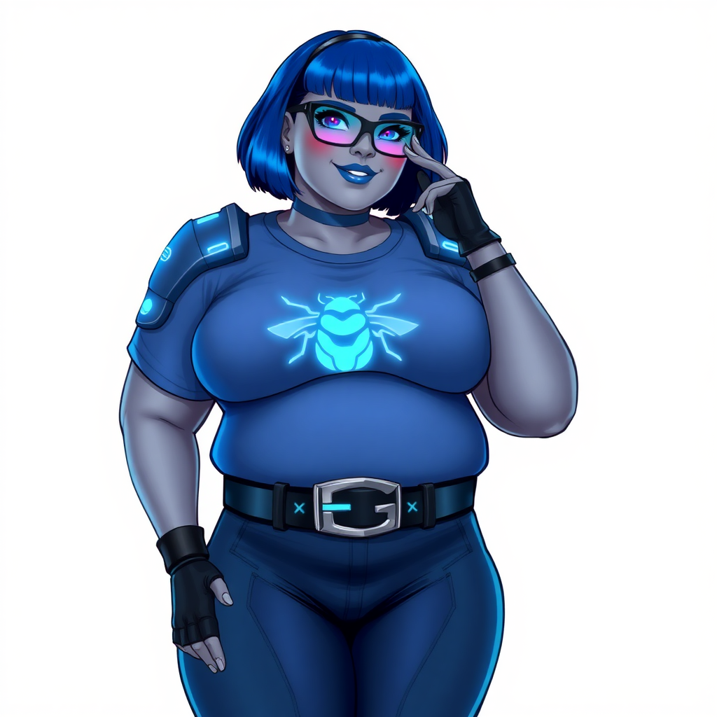 A 28-year-old, full-figured, middle gray skinned computer program hybrid with a maximum blue bob cut. She has a non-athletic build, highlighted by a prominent, round, large midsection (with emphasis on her large belly). As the digital sidekick to her cyberpunk vigilante boyfriend, her middle gray metallic skin and maximum blue lipstick emphasize her digital nature. She wears a digital, computerized costume inspired by DC’s Carrie Kelly Robin, consisting of a huge, tight-fitting, maximum blue t-shirt with a neon blue glowing chest icon of a beetle, hi-tech shoulder pads with neon blue accents, a black hi-tech belt with a digital neon blue glowing buckle, digital maximum blue pants with neon blue accents, and black hi-tech fingerless biker gloves with neon blue glowing accents. Her neon blue glowing eyes, black eyeglasses with a neon blue glowing HUD built into the lenses, and shy smile with neon red blush accentuate her nerdiness. She stands bashfully with one hand behind her back and the other hand gently touching her cheek, her costume covering all her skin and emphasizing her full-figured physique (especially her belly). She is clearly non-athletic, with a heavy focus on her large belly. Despite her build, she radiates beauty. She has a slim face compared to her physique, accentuating her radiant beauty. She is on a solid white background. She is drawn as if she were in a retro 2D cyberpunk fighting game.