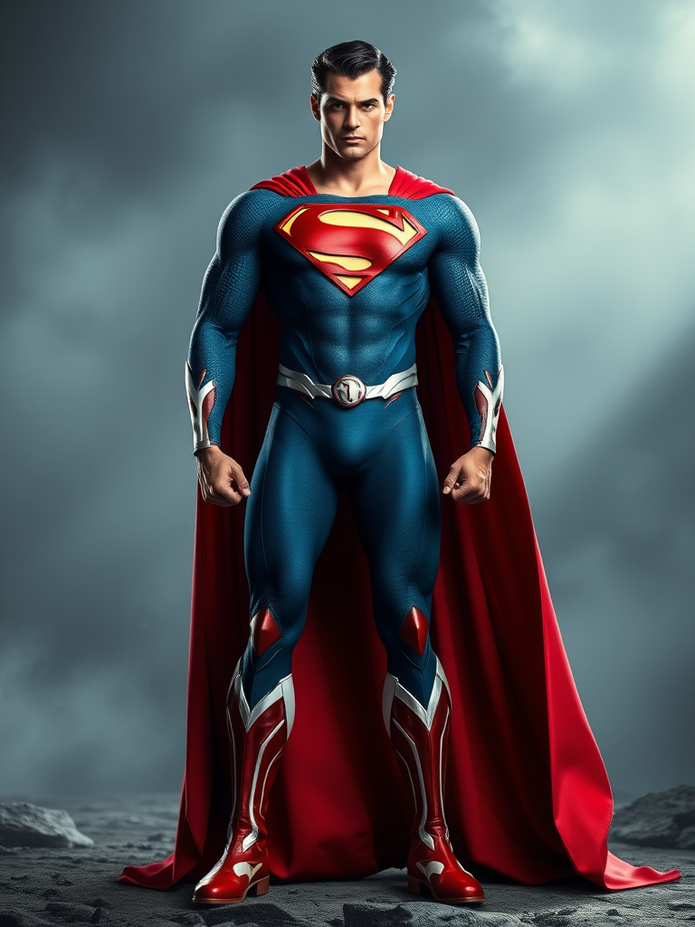 Generate a full-length image of Superman with the body attributes of Emma Frost. Retain Superman's core costume but incorporate embellishments and elements from Emma Frost's attire. The background should be an appropriate setting for both characters.

**Character Specifications:**

* Superman: Body attributes of Emma Frost
* Emma Frost: Embellishments and elements incorporated into Superman's costume

**Background Setting:**

Appropriate for both Superman and Emma Frost

**Image Resolution:**

Full-length

**Character Poses:**

Natural and dynamic

**Color Palette:**

Vivid and vibrant

**Lighting:**

Dramatic and atmospheric

**Additional Notes:**

* Maintain the iconic elements of Superman's costume, such as the cape, tights, and boots.
* Incorporate Emma Frost's signature diamond-shaped headpiece and form-fitting suit.
* Choose a background that reflects the intersection of Superman's and Emma Frost's world.