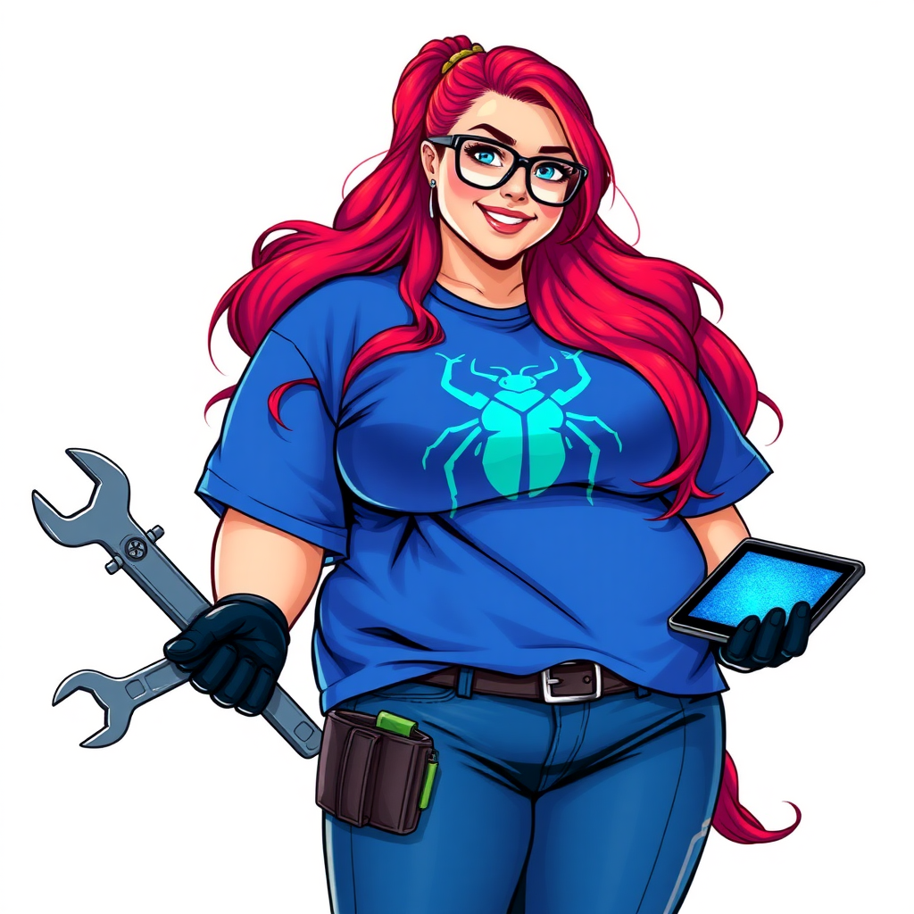 A 28-year-old, full-figured computer hacker and tech wiz girlfriend of a cyberpunk vigilante. Her long ruby-red ponytail, and striking, bright blue eyes make her stand out. Her wrecking ball-sized midsection, sequoia-sized limbs, and broad shoulders define her full figure, which has been heavily pampered by her doting boyfriend. Her nerdiness is blatantly obvious, and she serves as her boyfriend’s tech expert.

As the loyal and supportive sidekick, she plays a crucial role in their missions, using her digital and technological prowess to assist and protect. She wears an oversized maximum blue t-shirt adorned with a maximum turquoise beetle chest icon, black oversized eyeglasses, matching maximum blue biker pants, and black high-tech gloves. She beams with a neon red blush, holding a futuristic wrench and a digital holographic tablet. She is on a solid white background. She is drawn as if she was in a retro 2D cyberpunk fighting game. Her proportions are bloated to emphasize her figure.