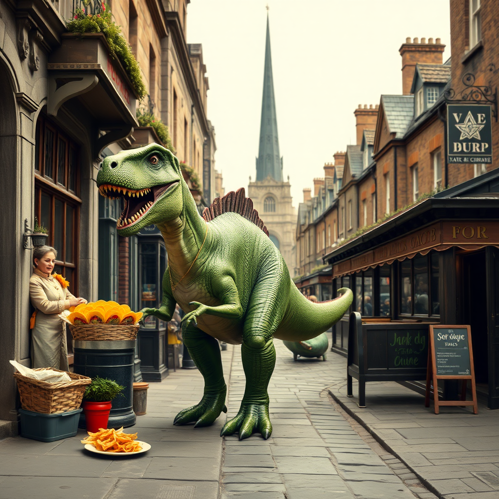 A dinosaur selling tacos in Victorian England.