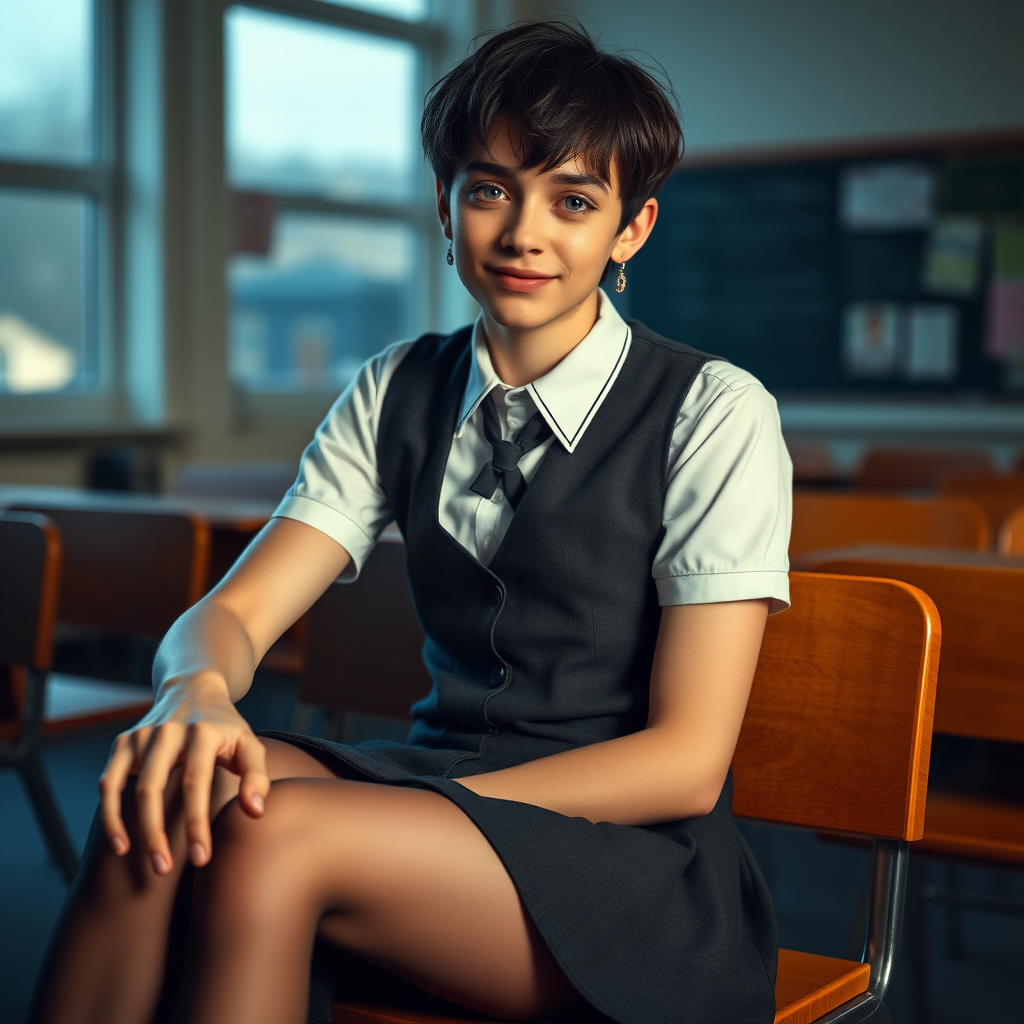 photorealistic, ultra high resolution, 16K, surreal fantasy, soft studio lighting, a pretty 17 year old goth male, slim male physique, short dark hair, blue eyes, goth makeup, earrings, sheer pantyhose, UK girls-school uniform, Mary-Jane shoes, sitting in the classroom, excited smile, facing the camera.