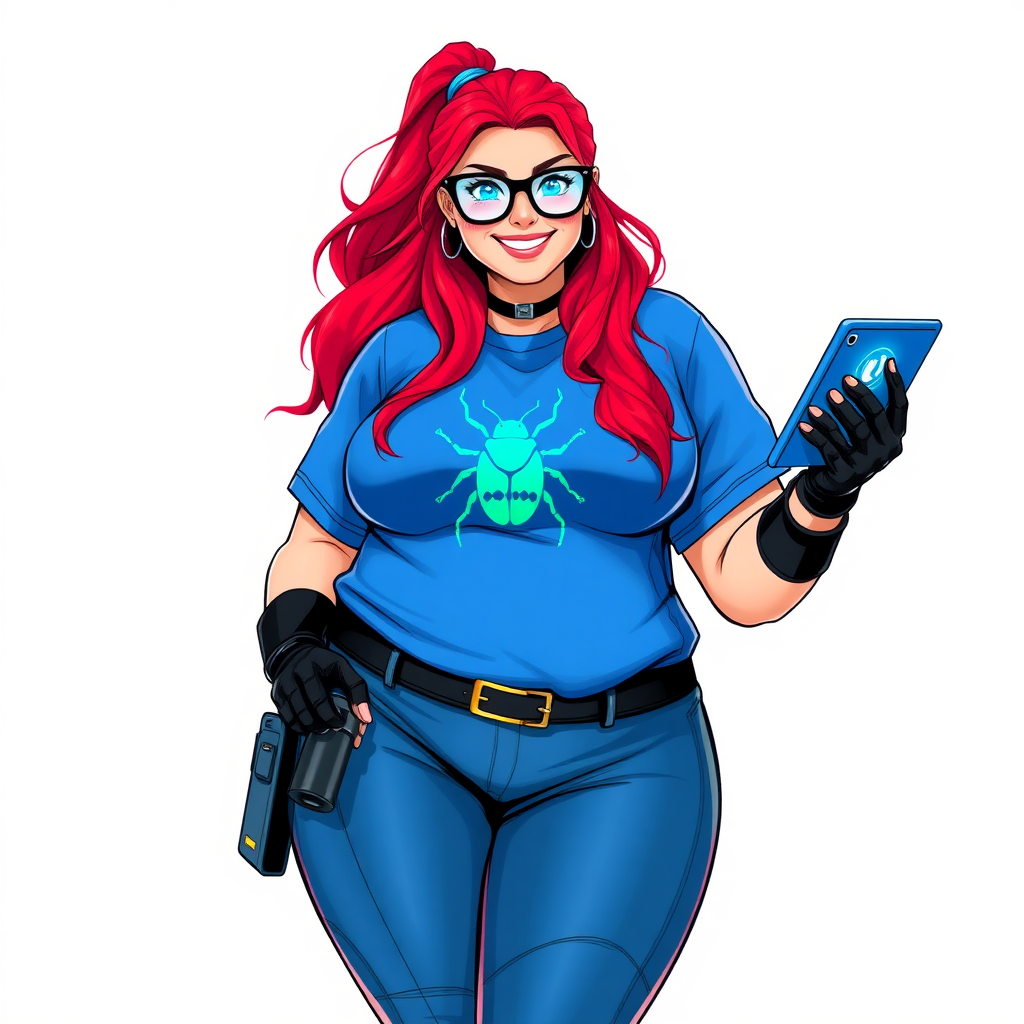 A 28-year-old, full-figured computer hacker and tech wiz girlfriend of a cyberpunk vigilante. Her long ruby-red ponytail, and striking, bright blue eyes make her stand out. Her wrecking ball-sized midsection, sequoia-sized limbs, and broad shoulders define her full figure, which has been heavily pampered by her doting boyfriend. Her nerdiness is blatantly obvious, and she serves as her boyfriend’s tech expert.

As the loyal and supportive sidekick, she plays a crucial role in their missions, using her digital and technological prowess to assist and protect. She wears an oversized maximum blue t-shirt adorned with a maximum turquoise beetle chest icon, black oversized eyeglasses, matching maximum blue biker pants, and black high-tech gloves. She beams with a neon red blush, holding a futuristic wrench and a digital holographic tablet. She is on a solid white background. She is drawn as if she was in a retro 2D cyberpunk fighting game. Her proportions are bloated to emphasize her figure.