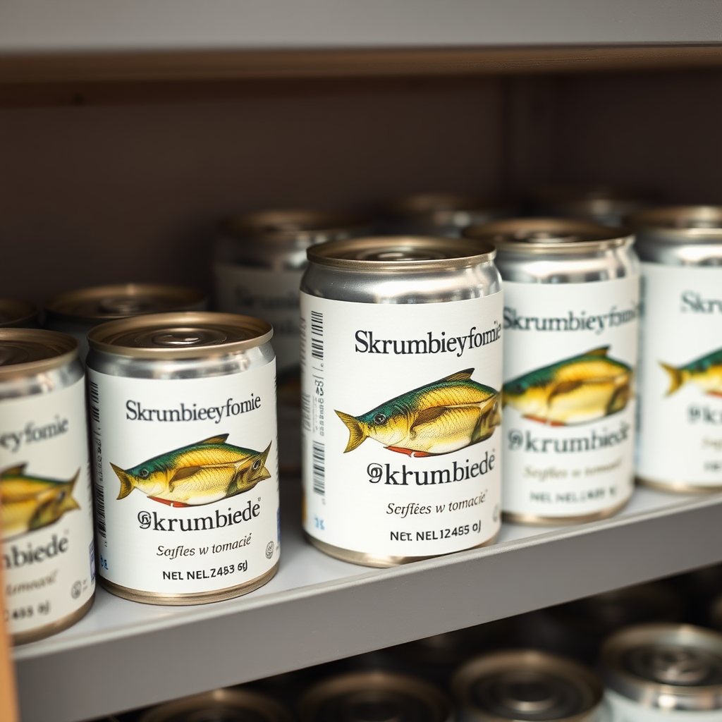 a small shelf with cans that have an image of fish on the label and text saying "skrumbie w tomacie", the text should be "skrumbie w tomacie", with no errors