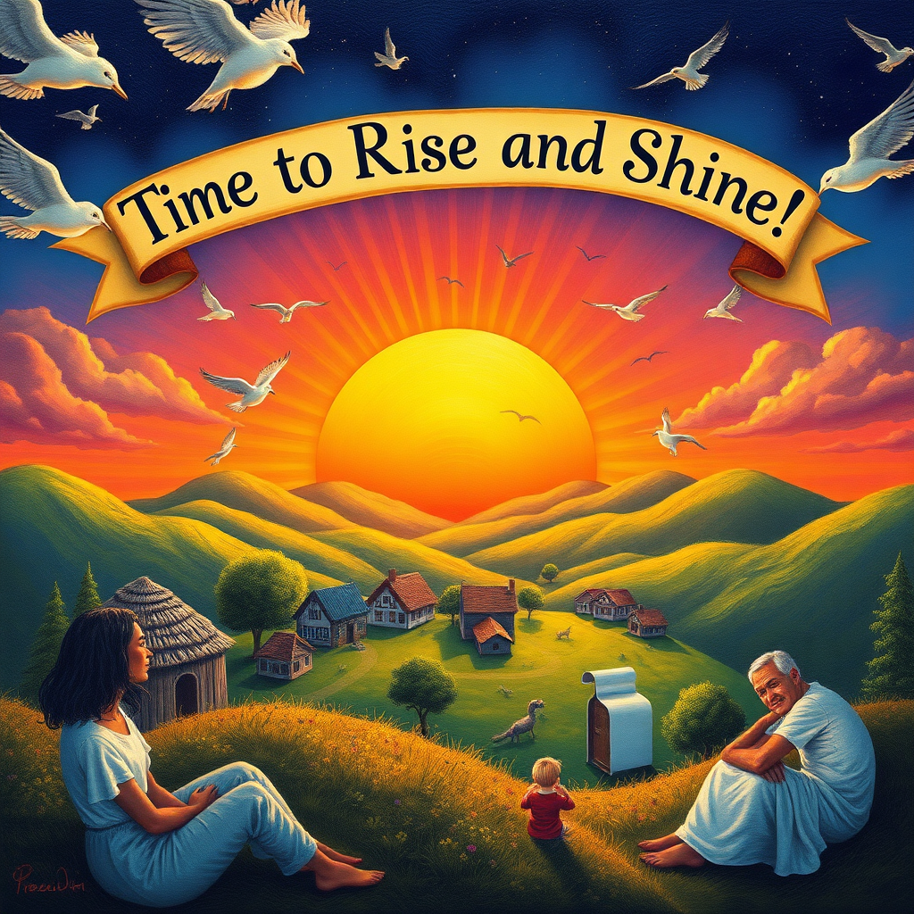 An imaginative scene depicting a vibrant sunrise that awakens a sleeping village, with birds taking flight and people stretching, under a whimsical banner reading, "Time to Rise and Shine!"