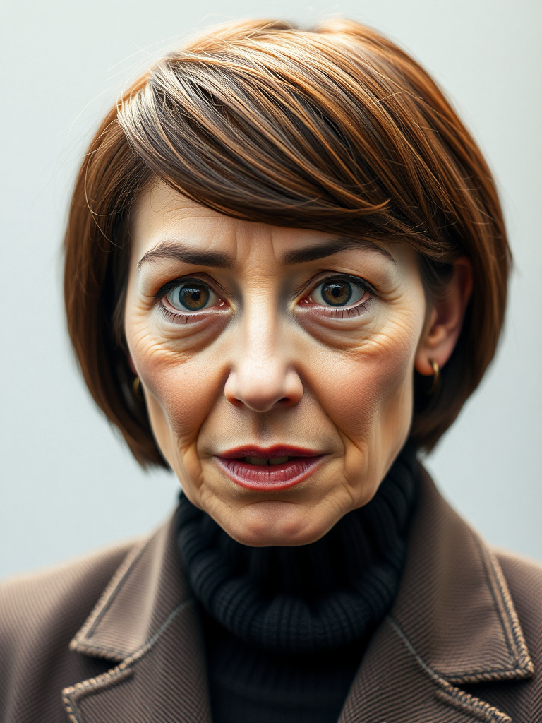 mature secretary, short brown bobcut, swept bang, brown piercing eyes, thick dark eyebrows, big nose, big mouth, big yellowish teeth, moles, skin imperfections, youthful, severe expression