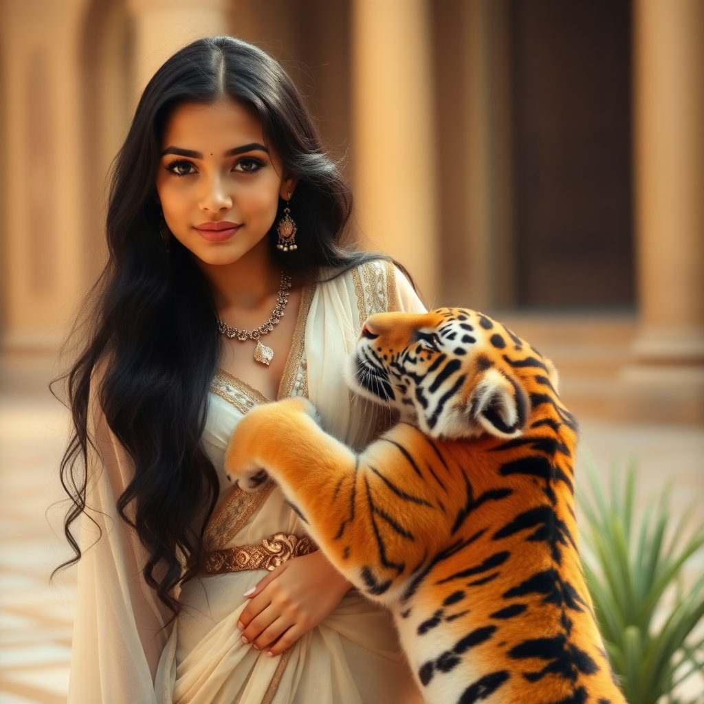 An Arabic princess of 15 years standing in the palace. Long black hair. A young tiger on her side is rubbing his head at her waist. Photo.