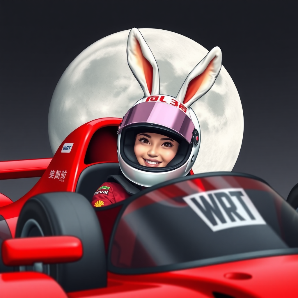 A red racing car with WRT written on it, and a cheerful Chinese female racer wearing a full racing helmet, the visor of the helmet lifted up, with rabbit ears on top of the helmet. The background features an enormous moon, with visible craters.