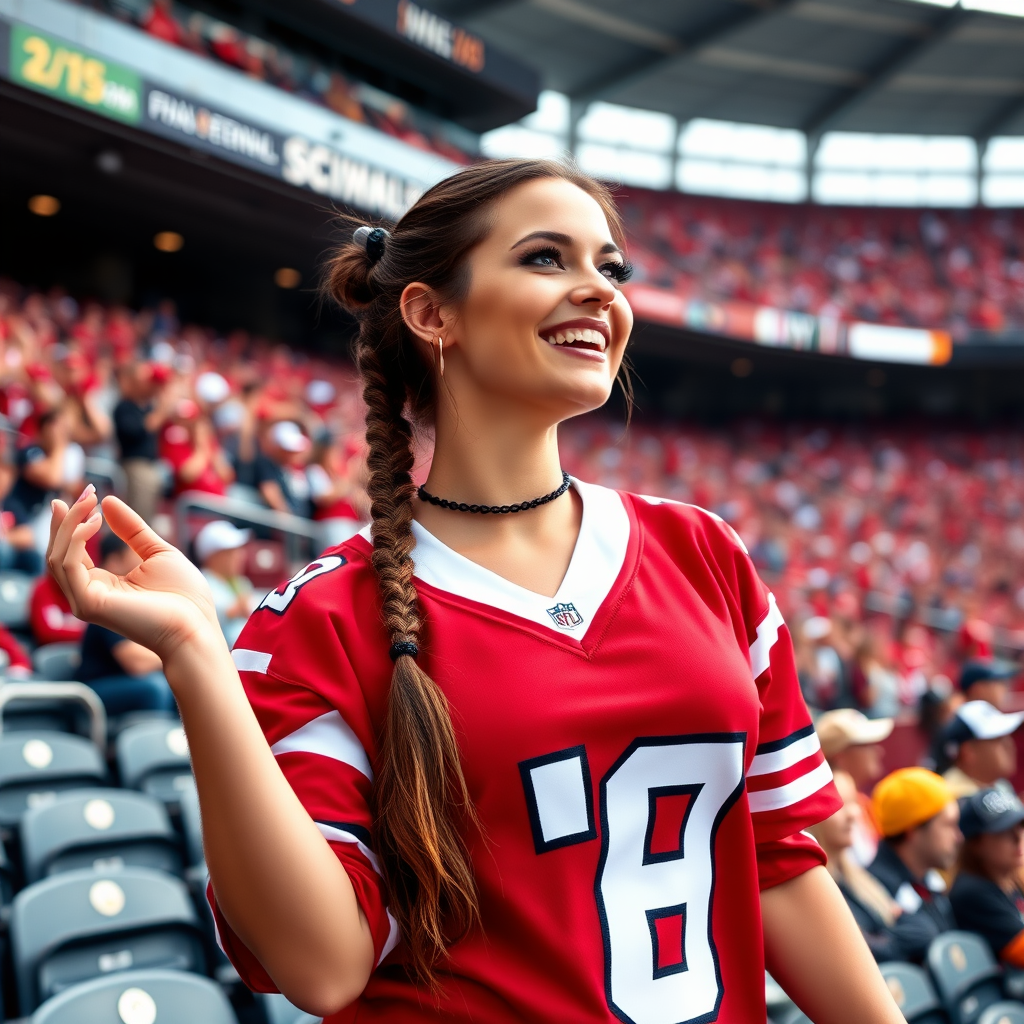 Extremely attractive female NFL fan, pigtail hair, cheering, large chest, jersey, crowded NFL stadium bleachers