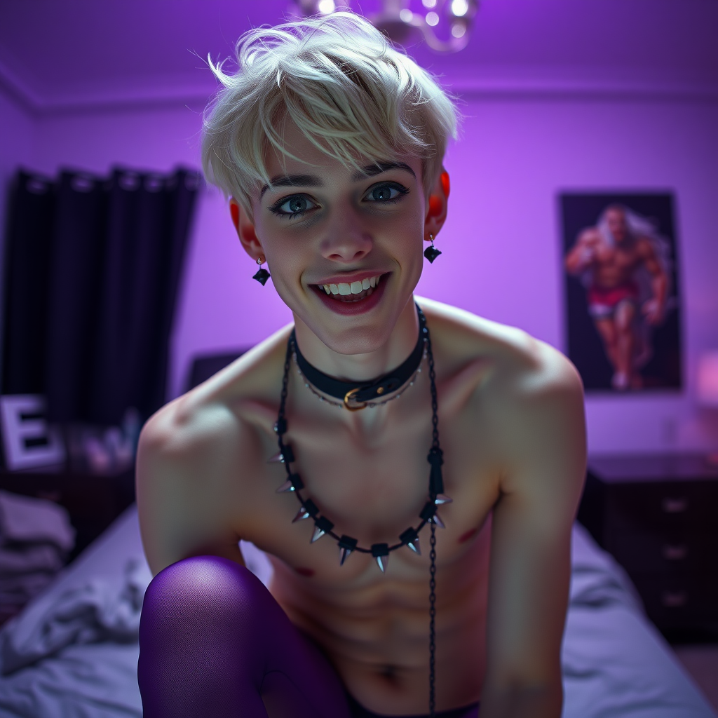 photorealistic, ultra high resolution, 16K, surreal fantasy, studio lighting, a pretty 14 year old goth male, slim male physique, short blonde hair, goth makeup, earrings, glossy purple pantyhose, white ballet shoes, spikey neck collar and leash, in the bedroom, excited smile, facing the camera.