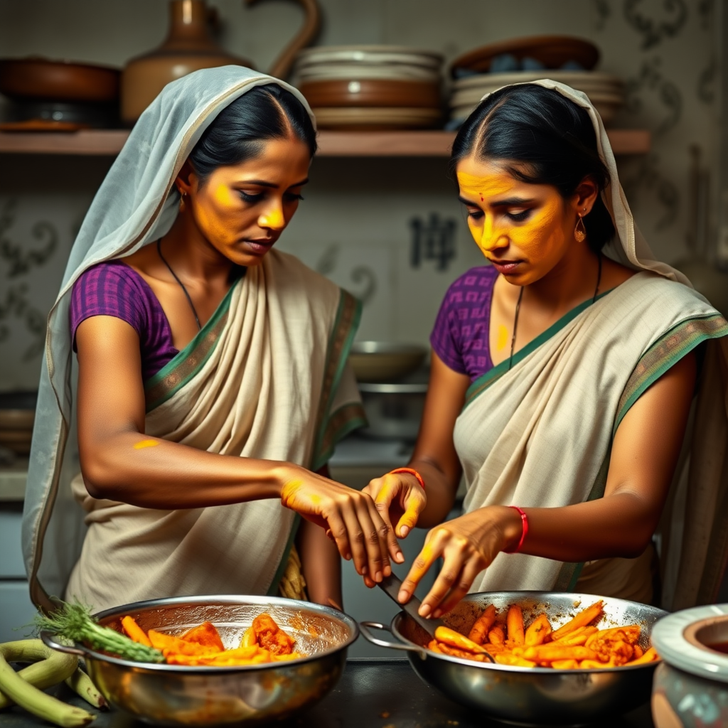 2 slim, 30 year old, Indian maids with hair coverings. They are cooking food in the kitchen. Their face is covered with turmeric face mask.