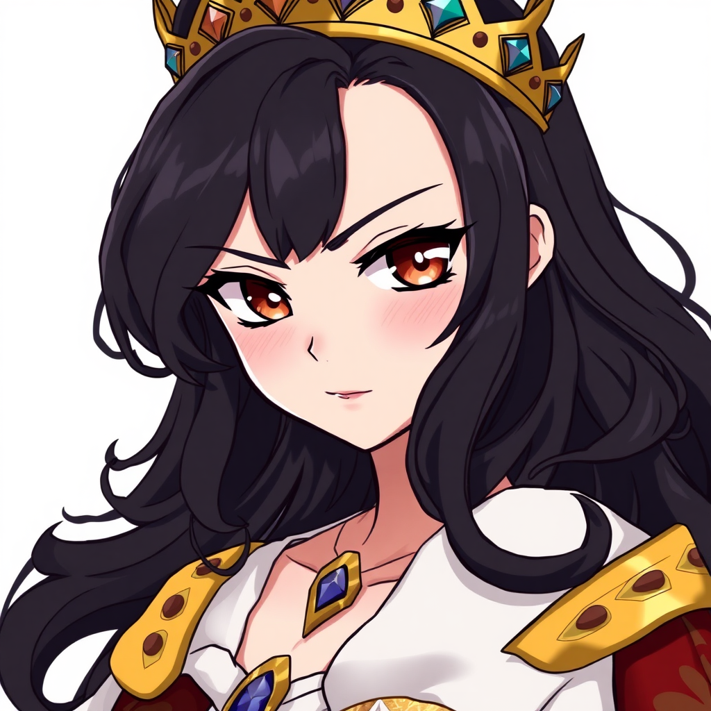 1girl, anime, thin lines, highly detailed, fantasy, medieval, reluctant queen who has a scowl on her face, looking at the viewer. Her hair is wavy, black, and shoulder length. Her eyes are dark brown and have a confident and self-assured gaze to them. She is wearing a golden crown with gemstones. Simple background.