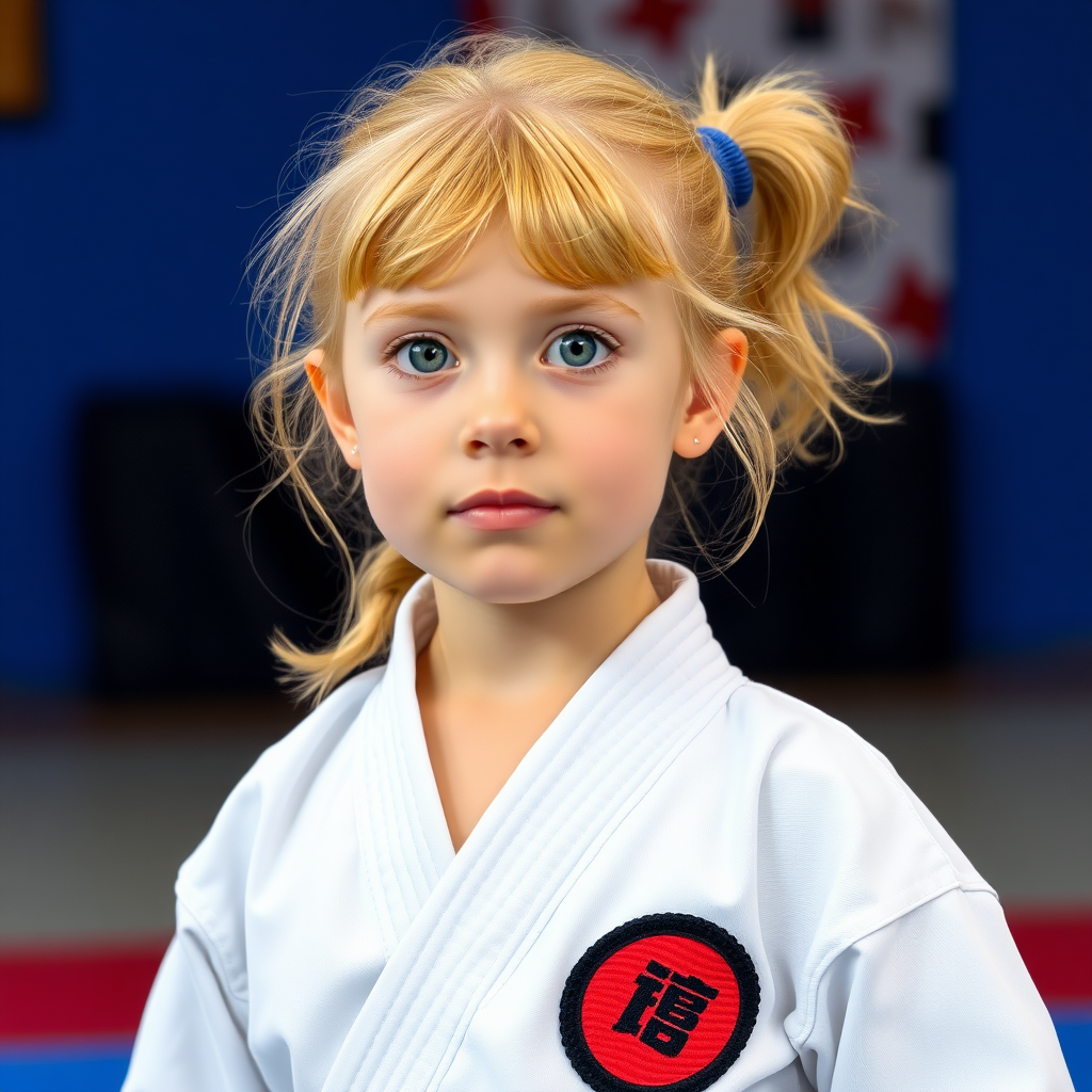 an eight-year-old girl, with strawberry blonde hair and green eyes, who does karate with a blue belt