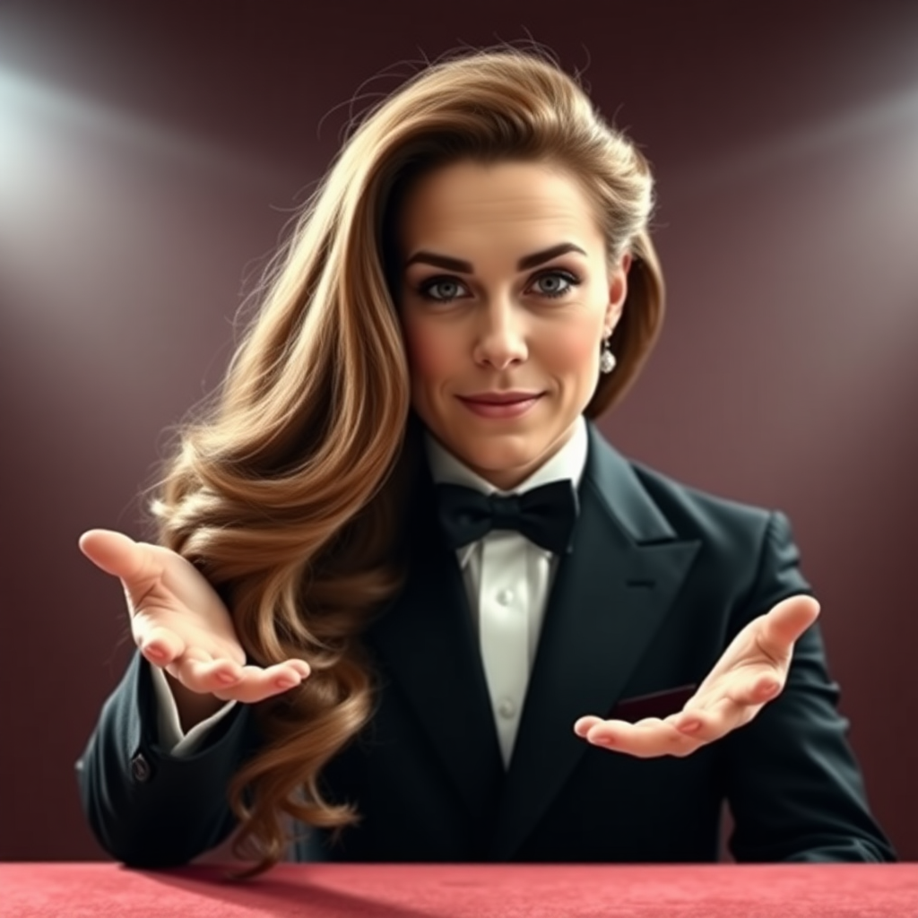 A surreal image of the beautiful very long haired Kate Middleton's disembodied head displayed to the camera by a male magician performing a magic trick.