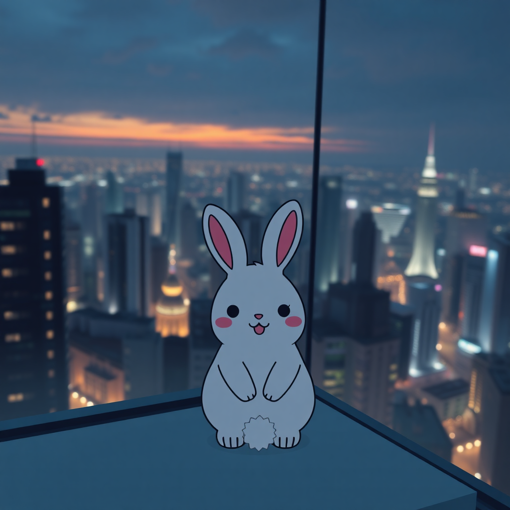 cute kawaii, 1 kawaii cute bunny in an apartment from skyscraper, city view, night, lofi vibe, cozy relaxing tone, LoFi Aesthetic Color,  