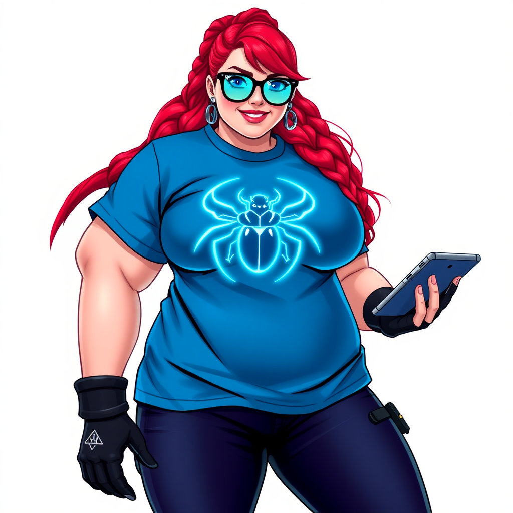 A 28-year-old, full-figured computer hacker and tech wiz, she is the girlfriend of a cyberpunk vigilante. Her long ruby red ponytail, and striking, bright blue eyes make her stand out. Her wrecking ball-sized midsection, sequoia-sized limbs, and broad shoulders define her full figure, which has been heavily pampered by her doting boyfriend. Her nerdiness is blatantly obvious, and she serves as her boyfriend’s tech expert.

As the loyal and supportive sidekick, she plays a crucial role in their missions, using her digital and technological prowess to assist and protect. She wears an oversized maximum blue t-shirt adorned with a glowing neon blue beetle chest icon, black oversized eyeglasses, and black high-tech gloves. She beams with a neon red blush, holding a futuristic wrench and a digital holographic tablet. She is on a solid white background. She is drawn as if she was in a retro 2D cyberpunk fighting game.