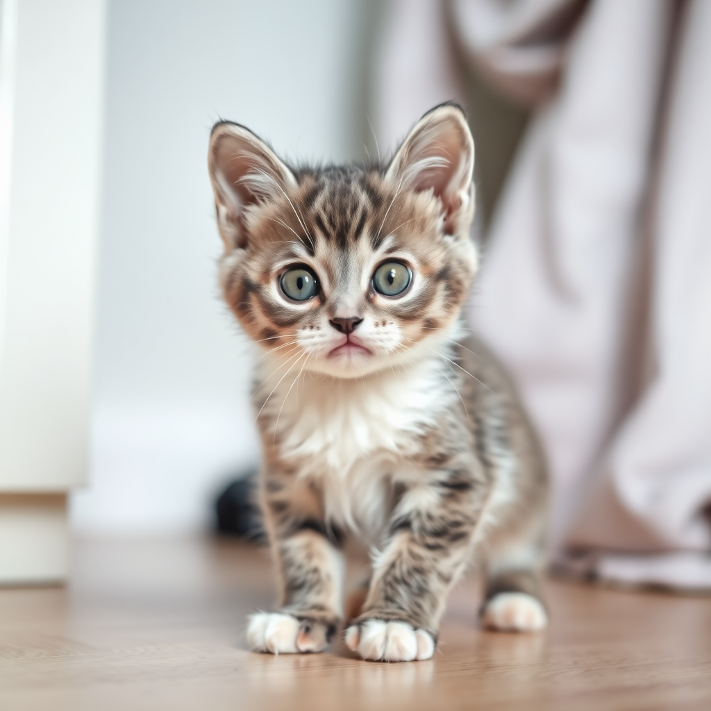 A small gray and white kitten in the room, cute, chubby, with round pupils.