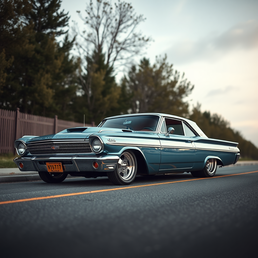 The drag car is parked on the side of the road, inspired by Taiyō Matsumoto, tumblr, restomod, nd4, c4 metallic shine classic american low rider custom ford