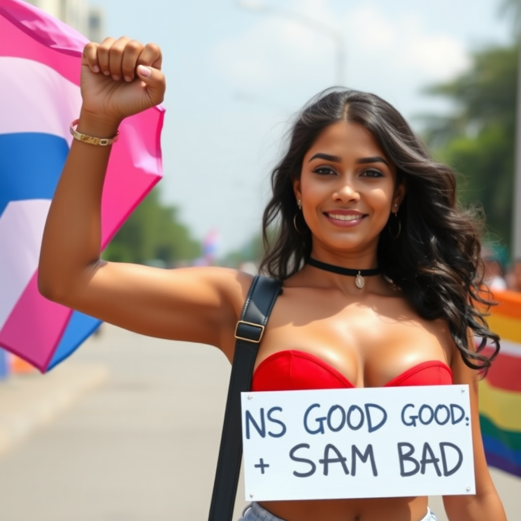 a busty transgender woman in India with the transgender pride flag raising her fist holding a sign that says "TRANS GOOD, CSAM BAD"