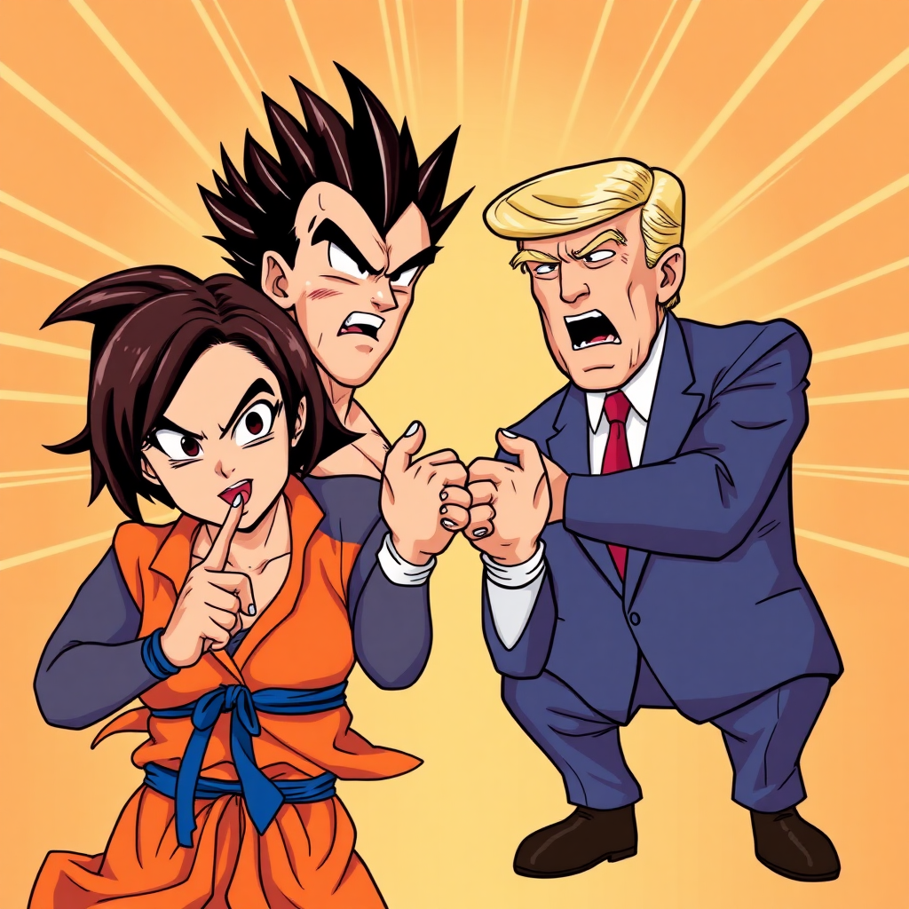 Dragon ball style Kamala Harris and Donald Trump mimic fusion position