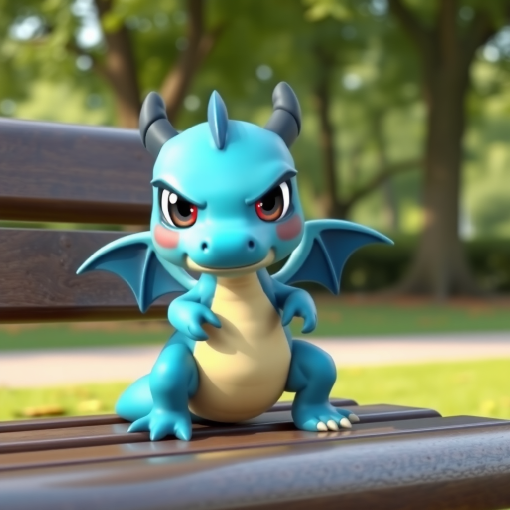 A cartoon blue small dragon with two legs, two arms, black angry eyes with red pupils and wings sitting on a bench in a park