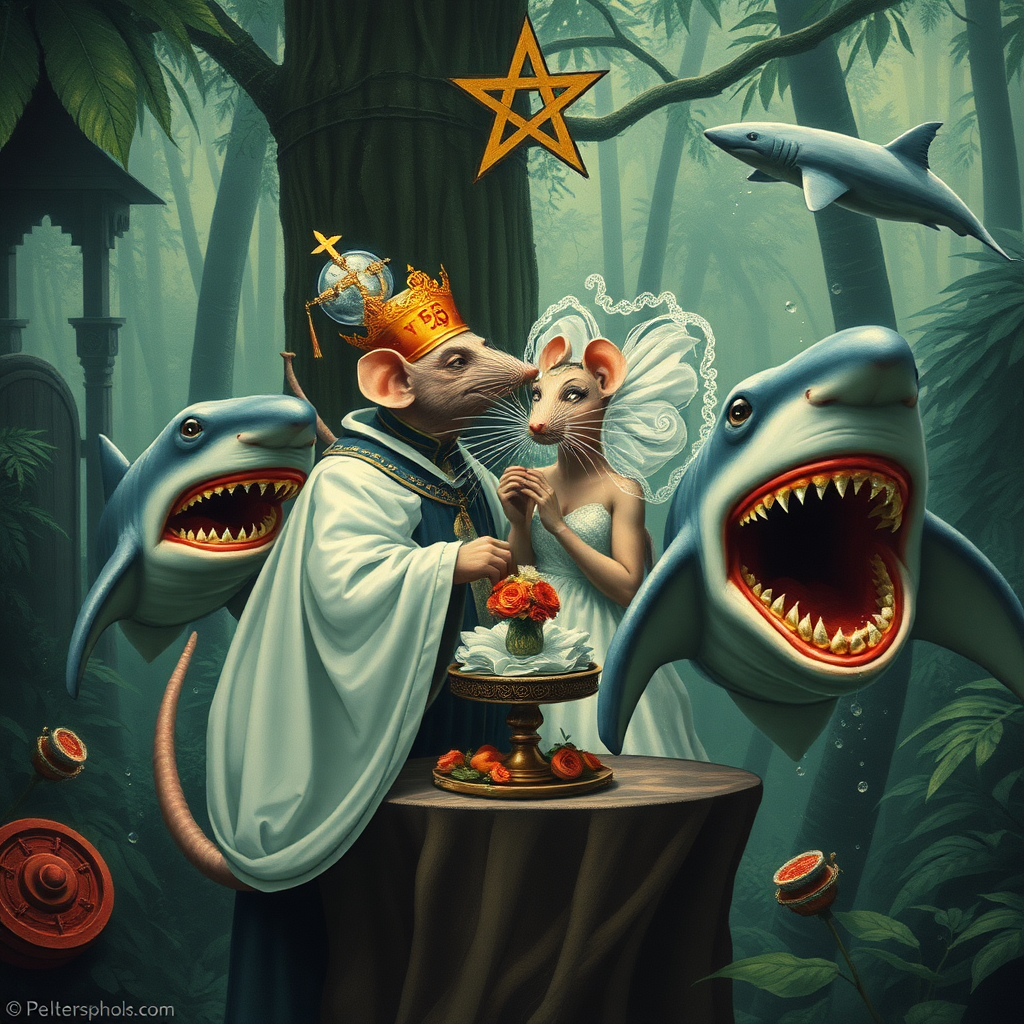 A rat wedding being attacked by sharks, Catholic, Soviet propaganda poster, steam punk, no text, Lovecraftian, in the rainforest