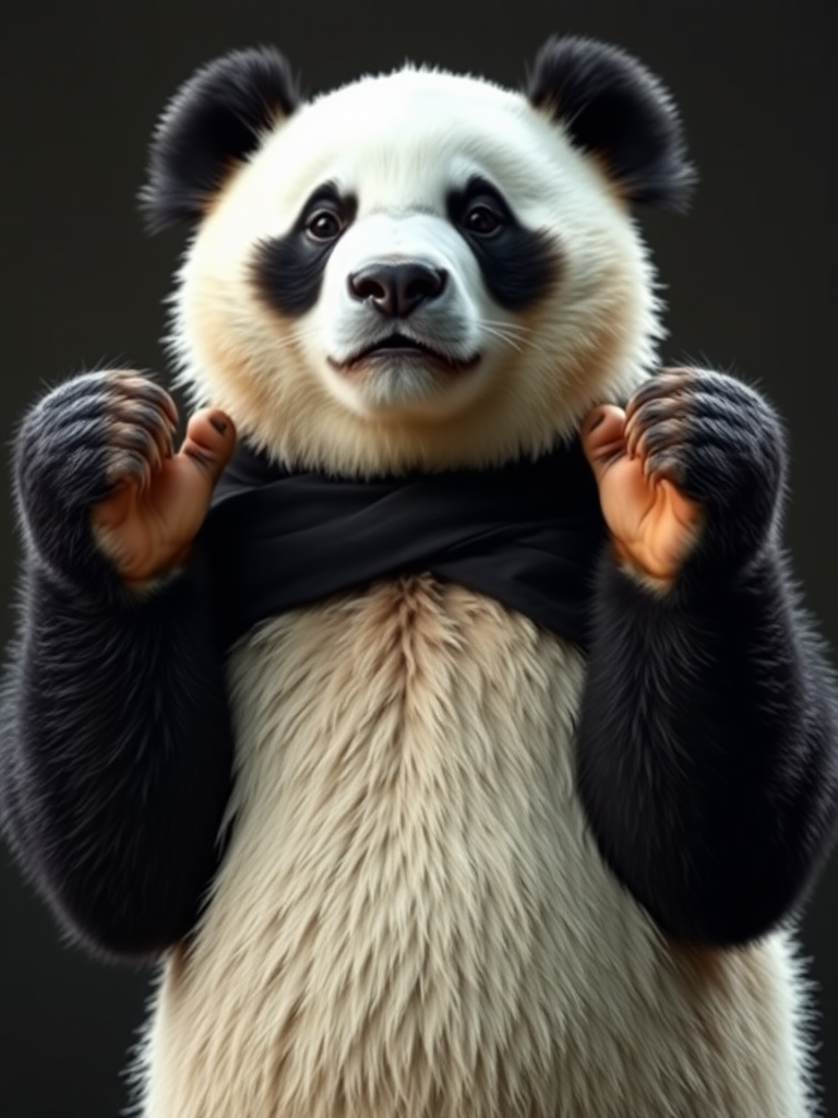 A photo realistic picture of a panda bear shrugging, holding out his paws to his side at the height of his shoulders.