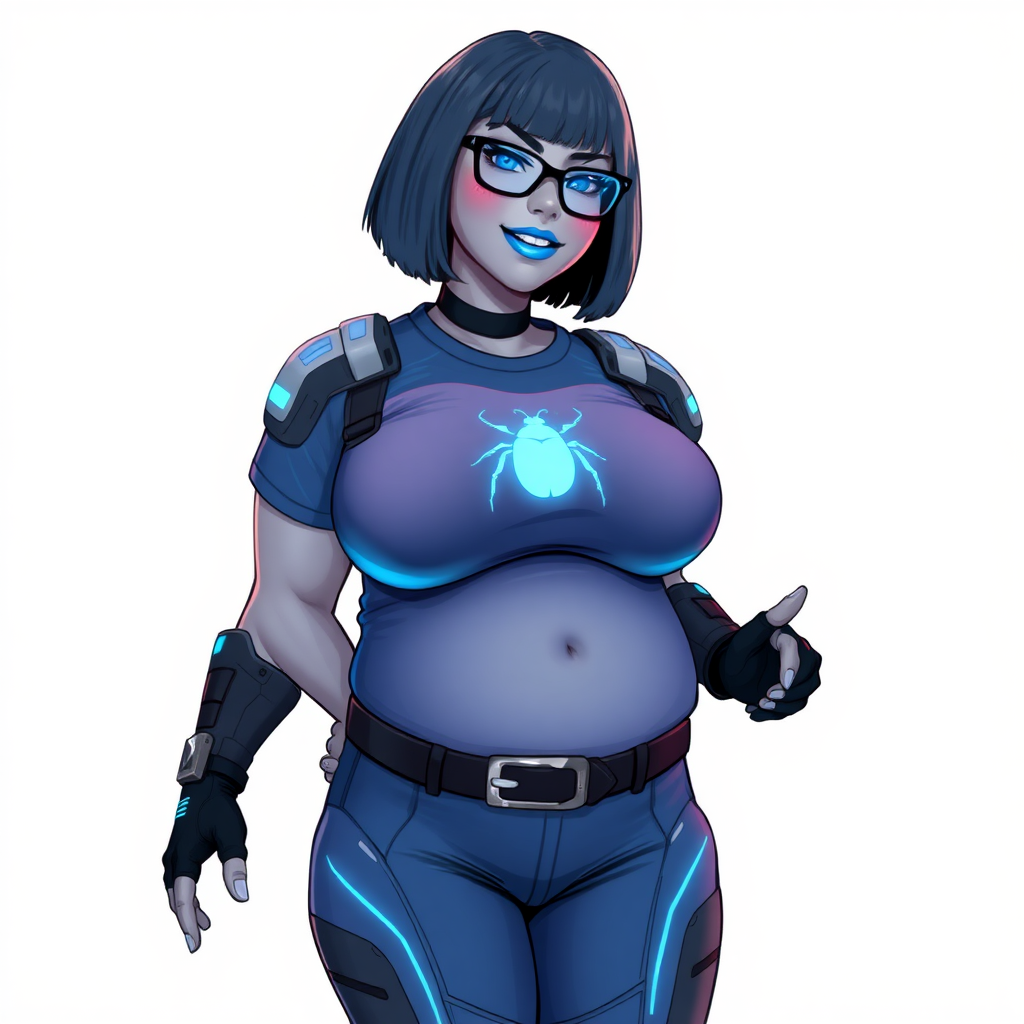 A 28-year-old, full-figured, metallic light neutral gray (N7) skinned computer program hybrid with a maximum blue bob cut. She has a non-athletic build, highlighted by a prominent, round, large midsection (with emphasis on her belly), which shows the effects of her love of junk food acquired from her boyfriend. As the full-figured, nerdy, digital sidekick to her cyberpunk vigilante boyfriend, her metallic light neutral gray skin and maximum blue lipstick (5PB 5/12) emphasize her digital nature. Her skin has a subtle, animated glow, with digital patterns occasionally flickering across it, making her digital nature obvious. She wears a digital, computerized costume, consisting of a huge, tight-fitting, maximum blue t-shirt (5PB 5/12) with a neon blue glowing chest icon of a beetle, hi-tech shoulder pads with neon blue accents, a black hi-tech belt with a digital neon blue glowing buckle, digital maximum blue biker pants (5PB 5/12) with neon blue accents, and black hi-tech fingerless biker gloves with neon blue glowing accents. Her neon blue glowing eyes, black eyeglasses with neon blue glowing lenses equipped with a built-in HUD, and bashful smile with neon red blush accentuate her nerdiness. She stands bashfully with one hand behind her back and the other hand gently touching her cheek, her costume covering all her skin and emphasizing her full-figured physique (especially her belly). She is clearly non-athletic, with a focus on her full-figured physique. Despite her build, she radiates beauty. She has a slim face compared to her physique, accentuating her radiant beauty. She is on a solid white background. She is drawn as if she were in a retro 2D cyberpunk fighting game.