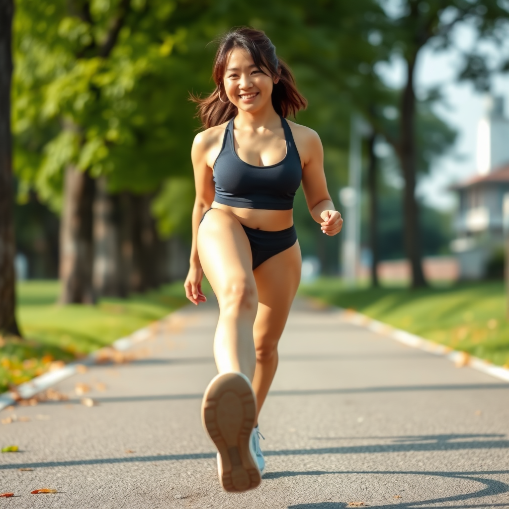 photo full body shot low angle view Hina Kikuchi wearing sports bra. She is walking and smiling. The image is shot from below. The sole of her foot is visible.