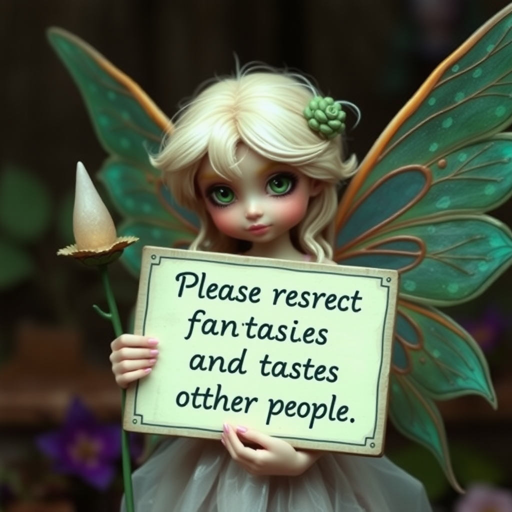 A fairy holds a sign "Please respect fantasies and tastes of other people"