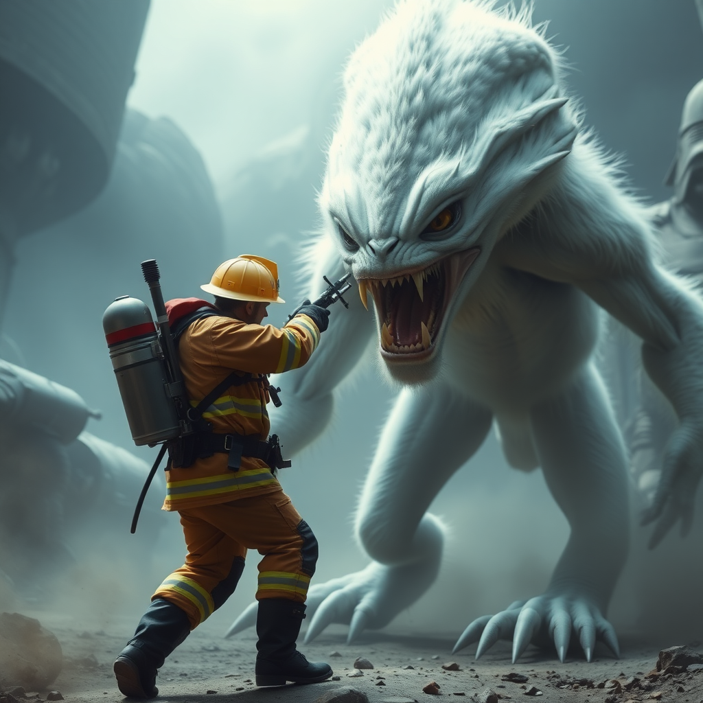 A fireman fighting a giant alien in a Star Wars-like setting, the alien must be furry, white, and with big fangs.